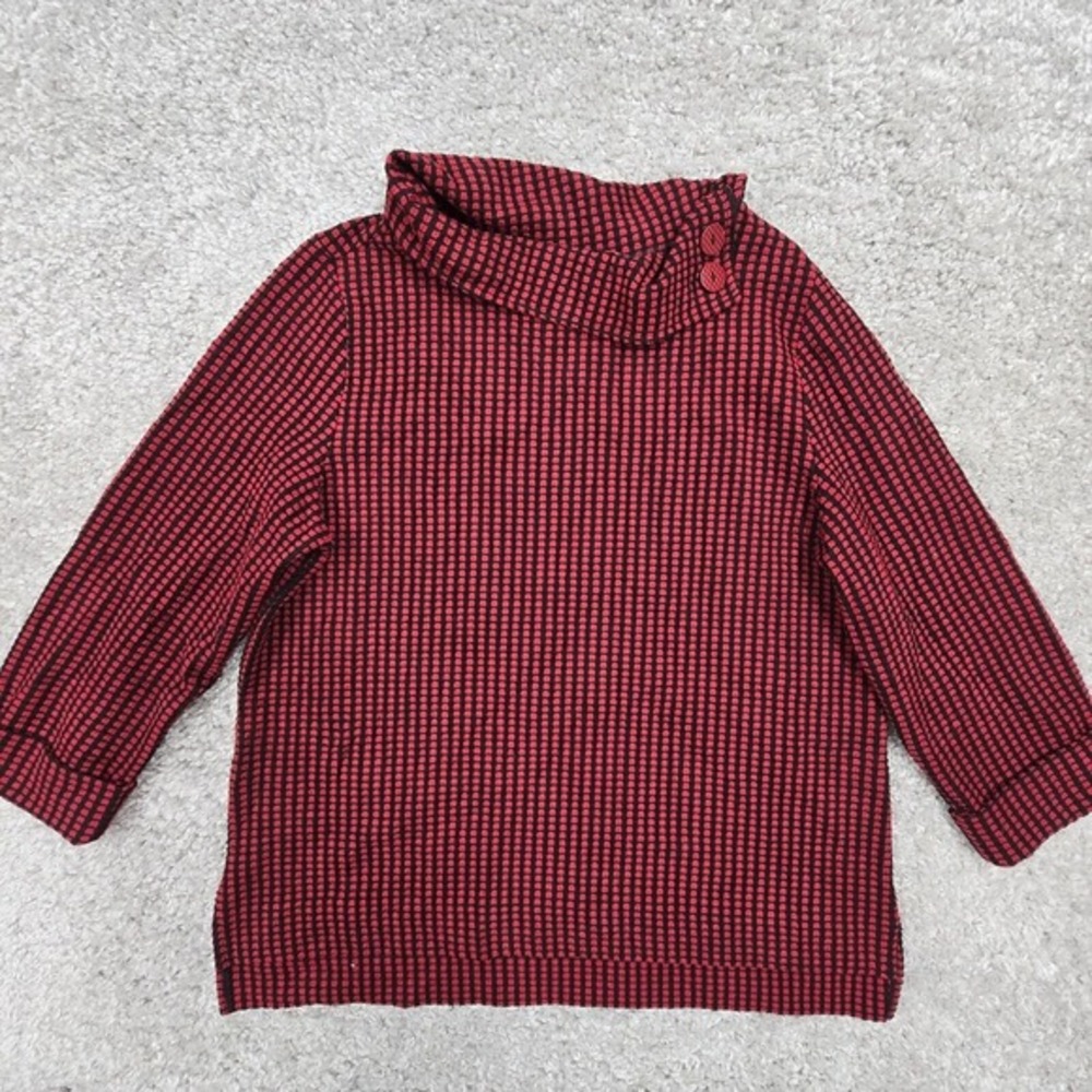 Habitat Funnel Neck Top Women Size L‎ Red Black Textured Grid Button
